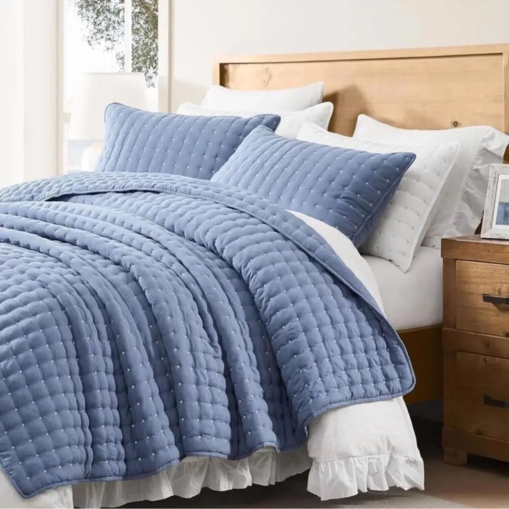 🆕 PB Style Queen Denim Blue Quilt Coverlet 3 Piece Pick Stitch Tufted Bed Set